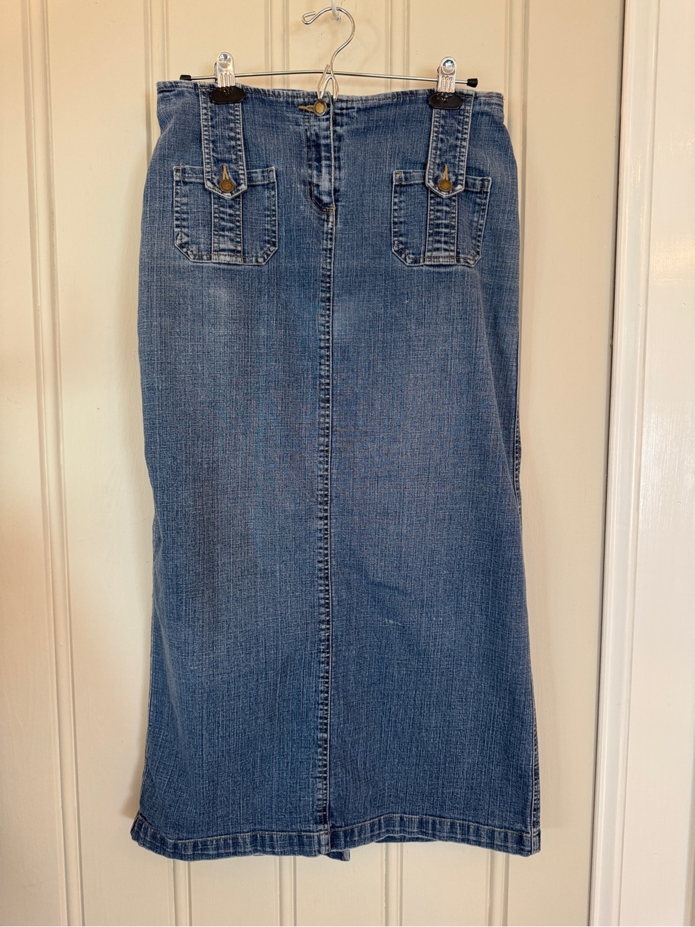 Classic Faded Glory 90s Y2K Low Rise Blue Denim Midi Skirt Size 4 Stretch